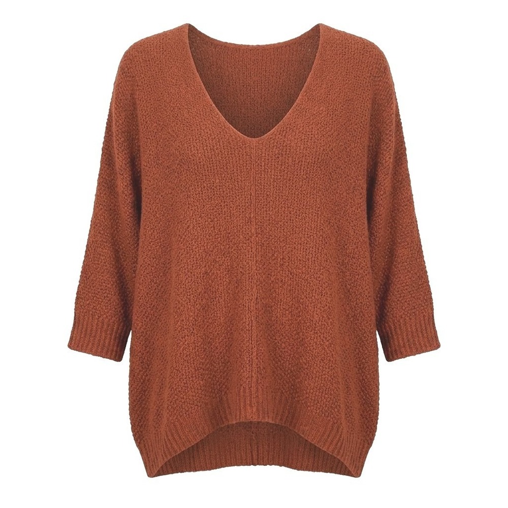 Made In Italy XL Rust Orange V-Neck Dolman Sleeve Boucle Knit Sweater - AC